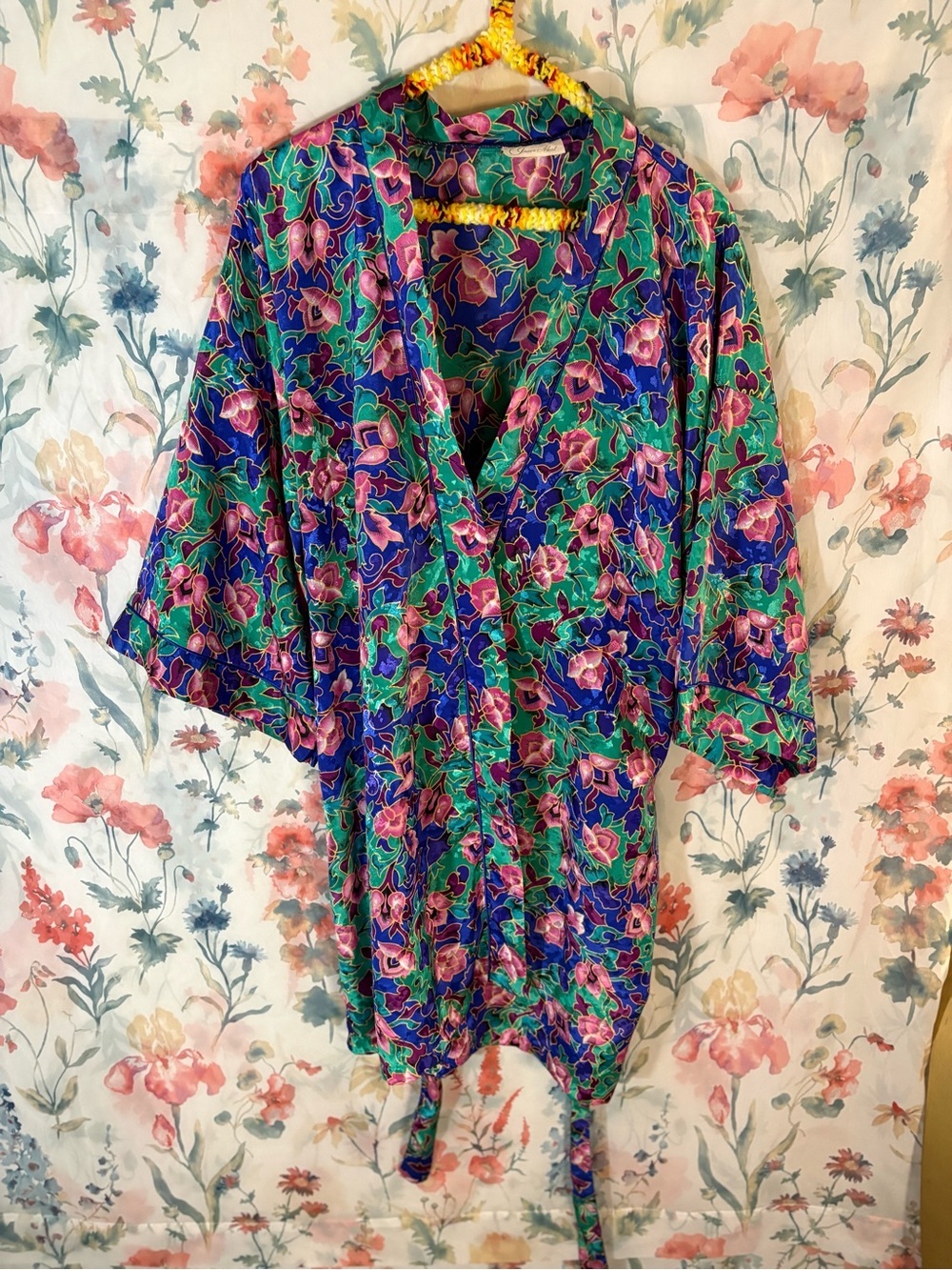 Vintage Vibrant Floral Satin Robe in Blue, Green & Pink